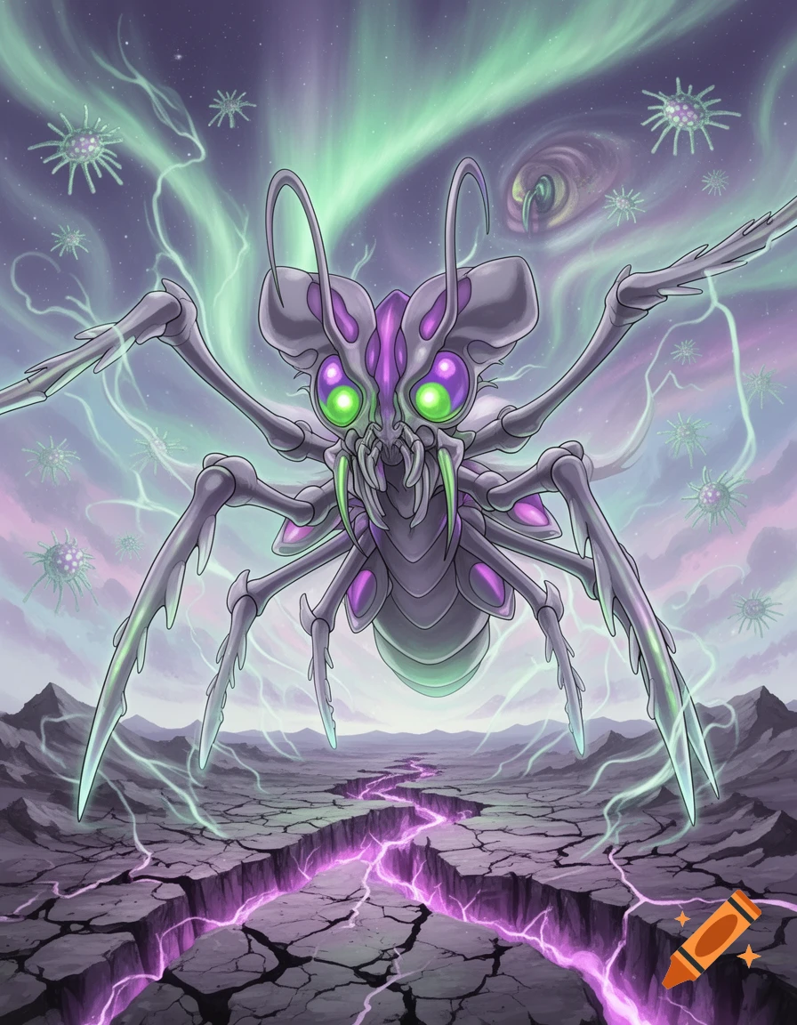 A grey and purple bug-like monster with glowing green eyes hovers over cracked, glowing purple earth. Green aurora and virus shapes fill the sky.