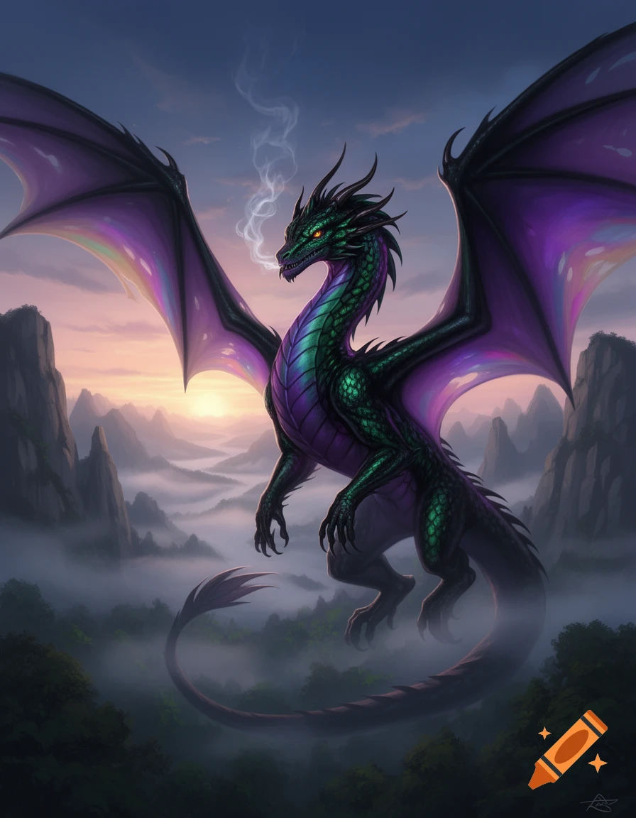 A majestic green and purple dragon with iridescent wings flies through a misty mountain valley at sunset, exhaling smoke.