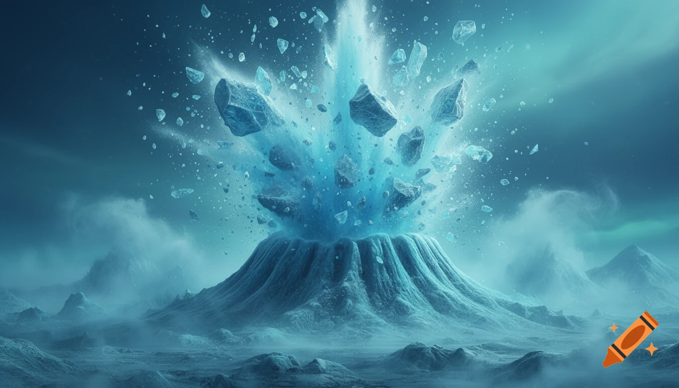 A dramatic, detailed view of an ice volcano violently erupting, sending large chunks and shards of ice high into a misty, cold blue sky.