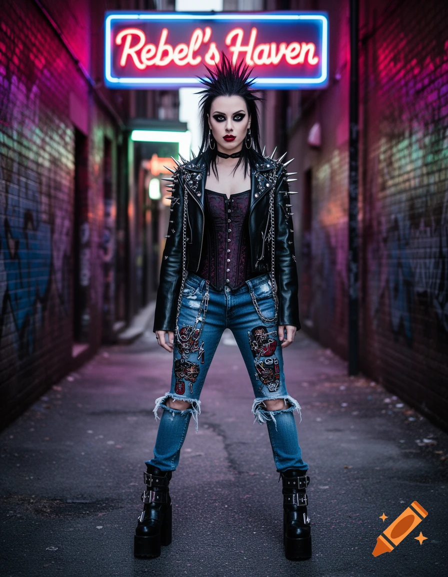A punk goth woman with a spiked jacket, corset, ripped jeans, and platform boots stands in an alley under a neon sign.
