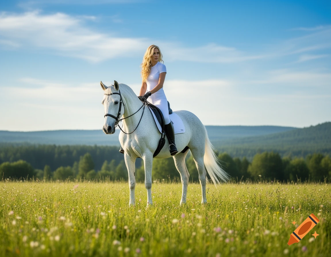 A blonde woman in white riding attire sits atop a majestic white horse in a sunlit grassy field with a forest and mountains in the background.