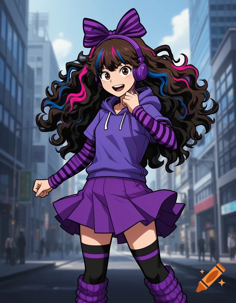 An anime girl with long curly brown hair, pink and blue streaks, purple hoodie, striped sleeves, purple skirt, and leg warmers, wearing purple headphones and a large bow.