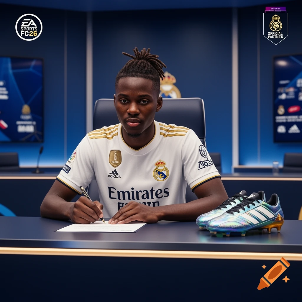 Young Black football player with dreadlocks, wearing a Real Madrid jersey, signing a contract at a desk. Adidas football boots sit next to him in a high-tech press room. Styled as a 3D video game cutscene.