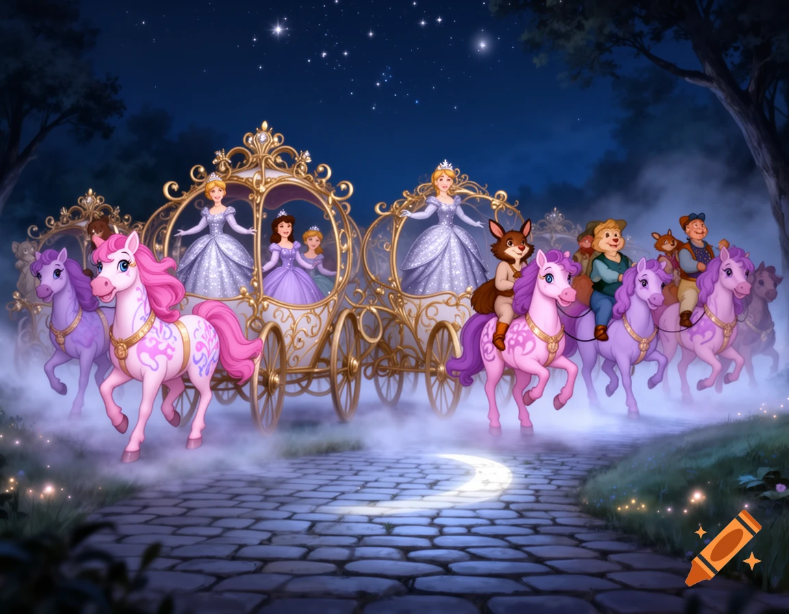 A cartoon fairytale scene at night with princesses in golden carriages and anthropomorphic animals riding pink and purple ponies on a cobblestone path.