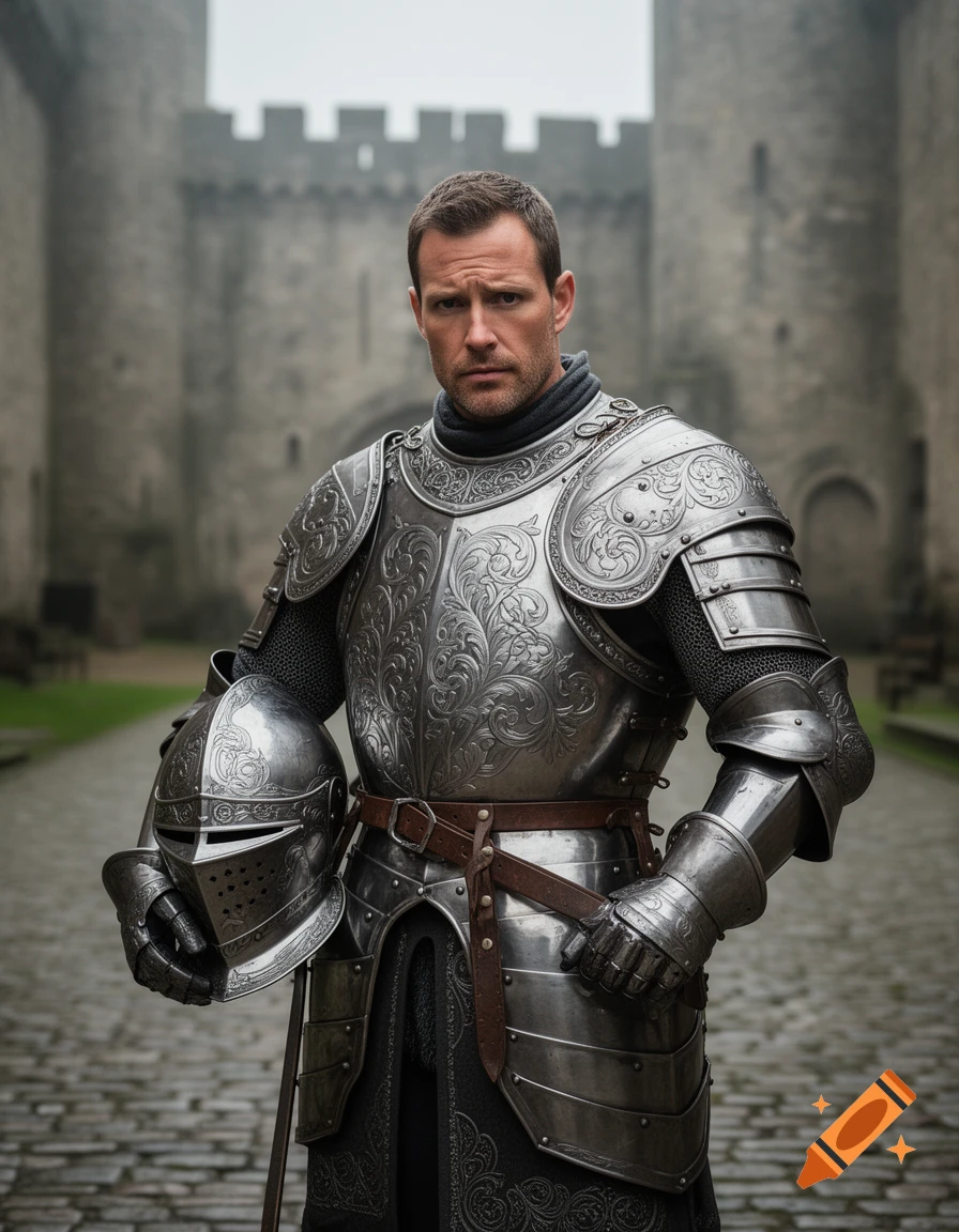 A photorealistic portrait of a knight in full armor, holding his helmet, standing in front of a castle.