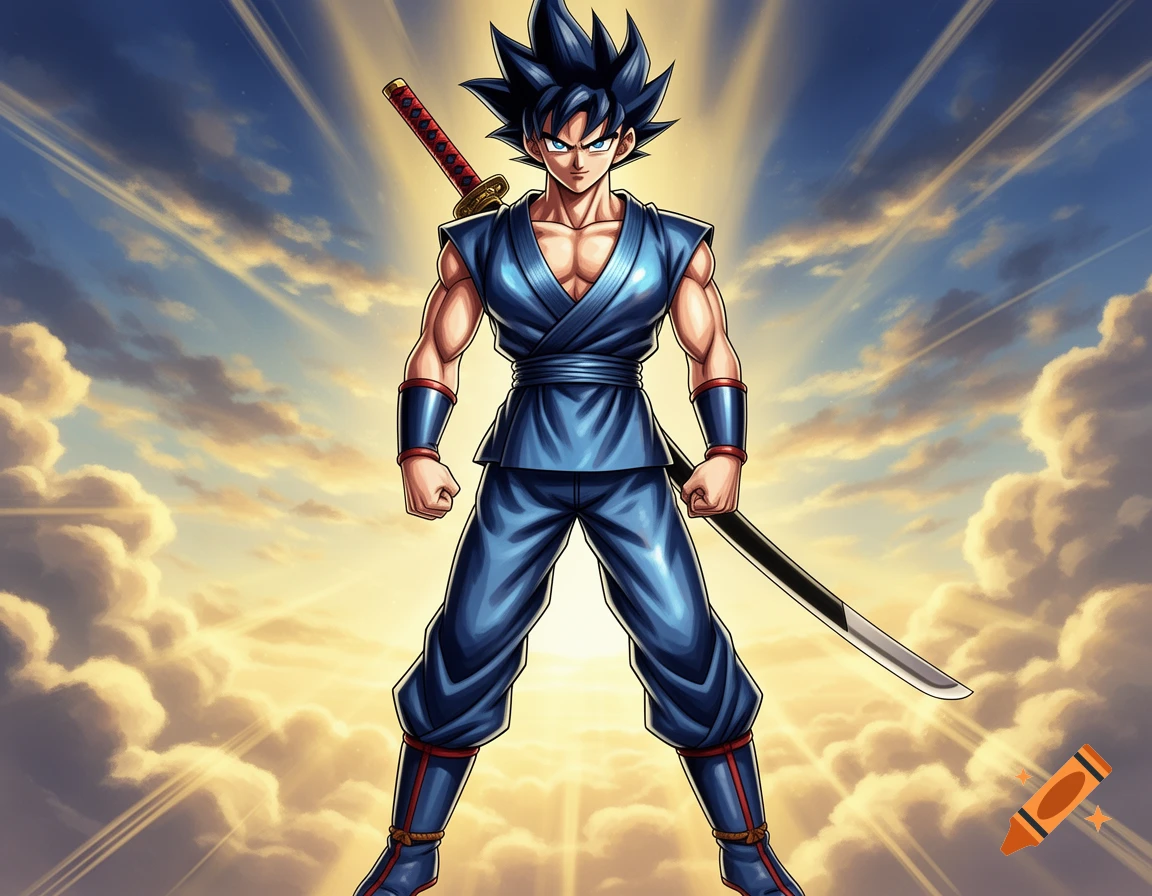 Anime hero character in a blue gi with spiky black hair, standing heroically with katanas against a dramatic sky with sunbeams.