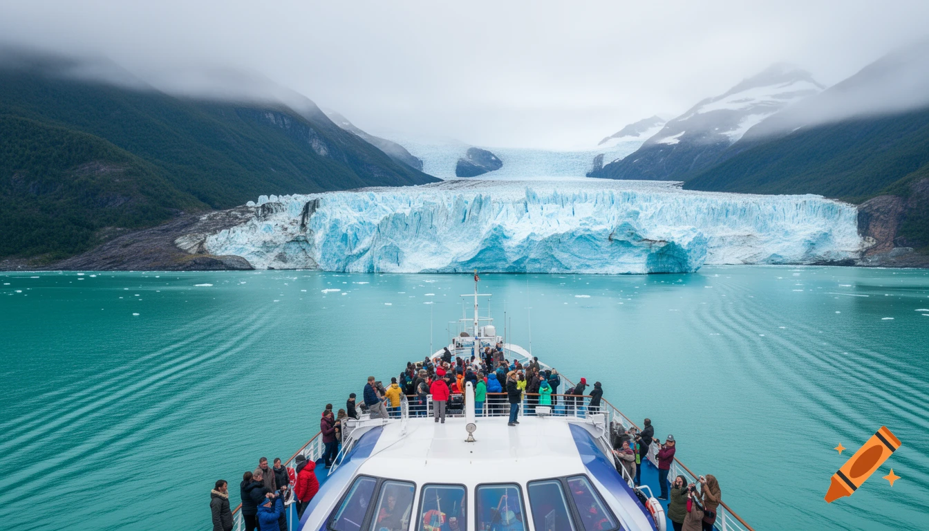 Photorealistic view of a cruise ship full of tourists sailing towards a massive glacier in a turquoise water bay, surrounded by misty mountains.