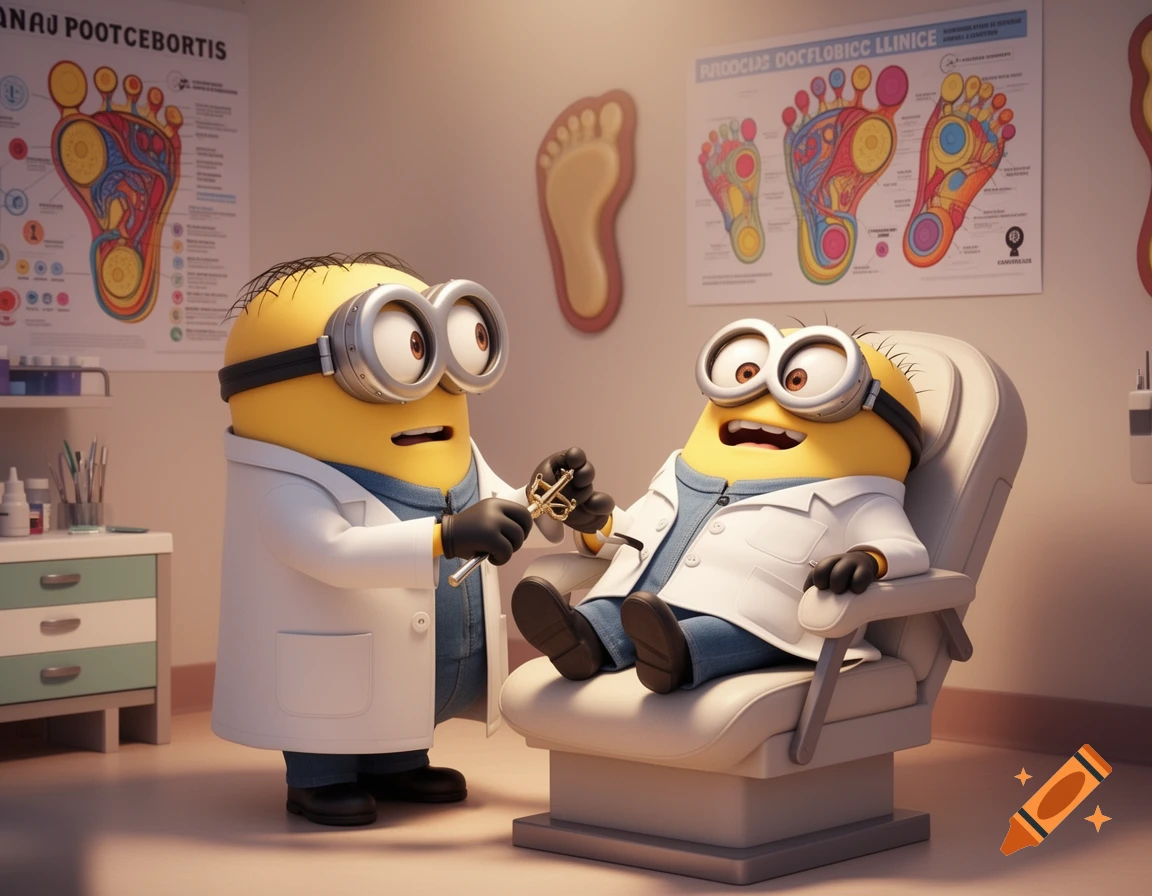A Minion foot doctor in a white lab coat uses an instrument on a patient Minion's foot in a doctor's office, with anatomy posters on the wall. The patient Minion looks relieved.