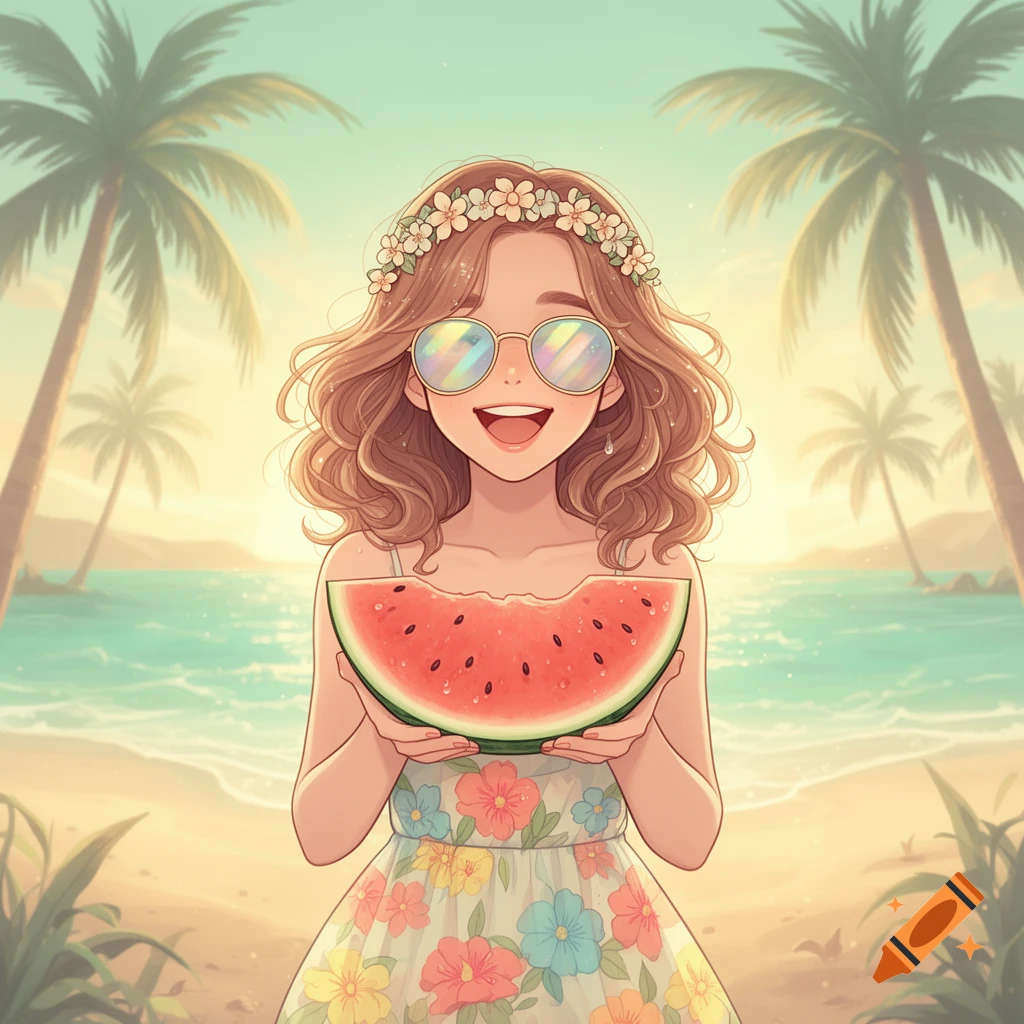 Cheerful anime girl with a flower crown and sunglasses holding a watermelon slice on a sunny beach with palm trees.