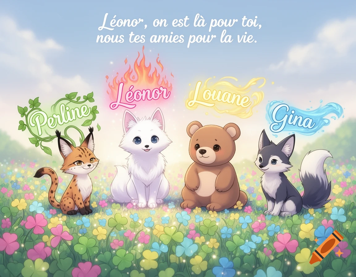 A kawaii illustration of a lynx, white fox, bear, and wolf in a field of colorful clovers, with names and a friendship message in the sky.