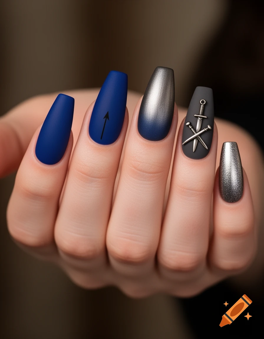 Close-up of a woman's hand with coffin nails featuring blue, silver, and grey matte polish, including an arrow and crossed daggers.