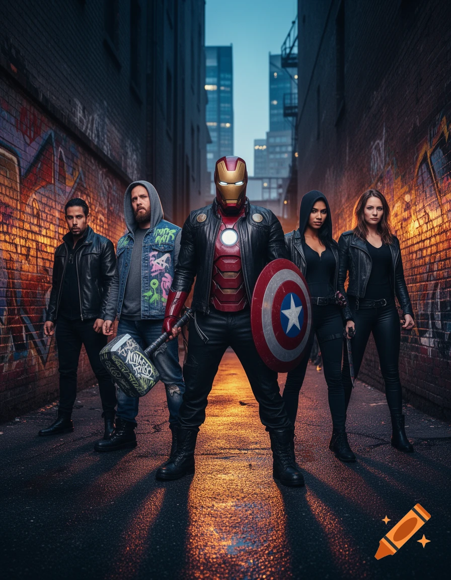 A group of street-styled superheroes, including Iron Man holding Captain America's shield and Thor's hammer, in a rainy urban alley.