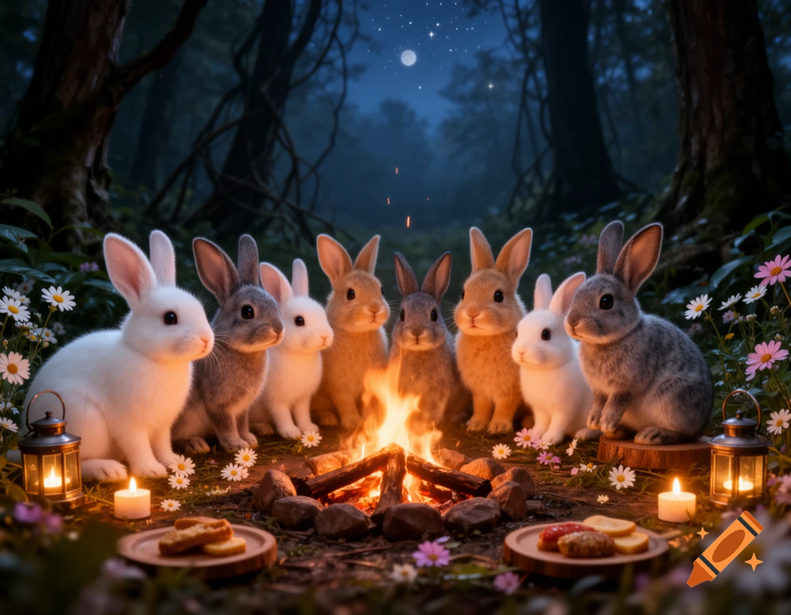 Photorealistic rabbits of various colors gather around a warm campfire in a dark, moonlit forest, with lanterns and treats nearby.