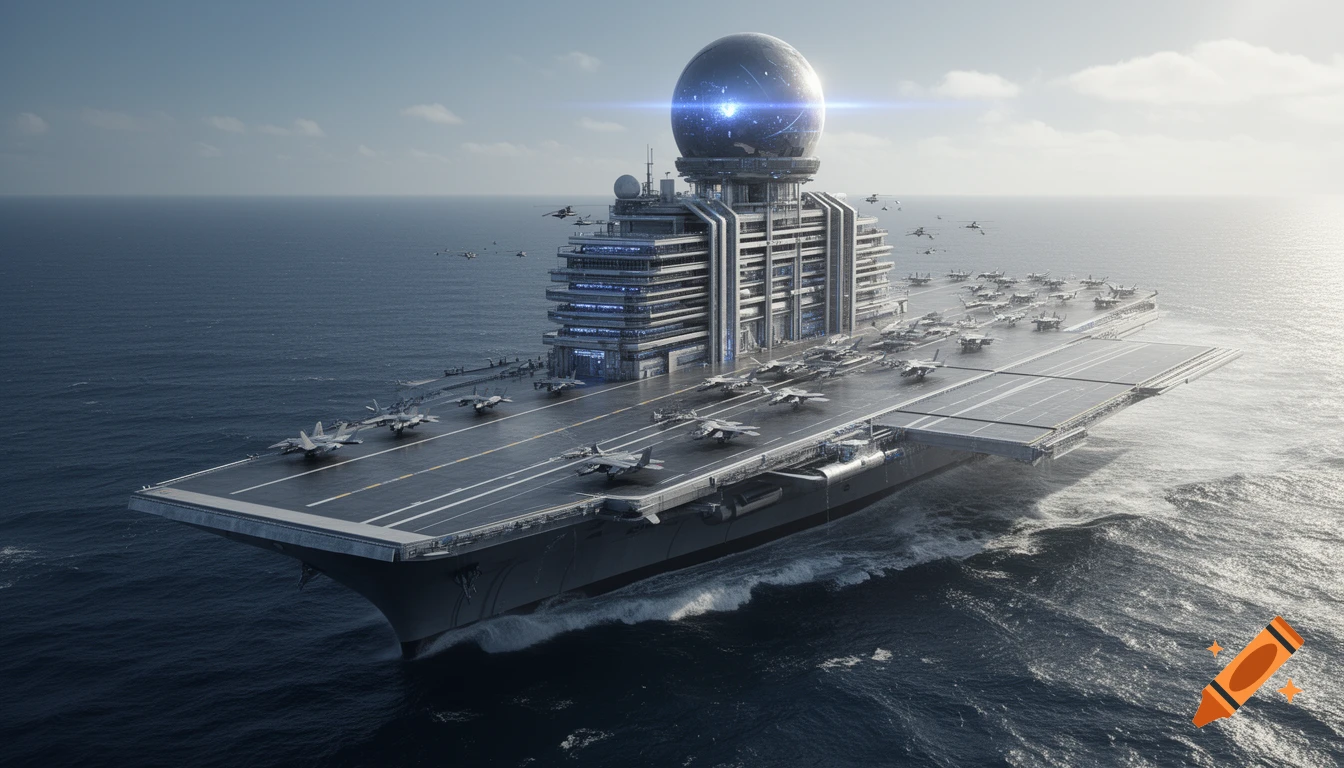 A grand futuristic aircraft carrier with a large glowing spherical structure and numerous fighter jets on its deck, sails on a blue ocean.