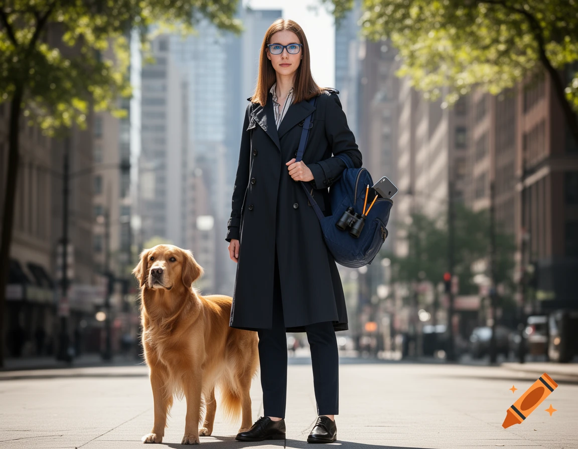 A woman in a dark trench coat and glasses stands on a city street with a Golden Retriever dog. She carries a backpack with binoculars.