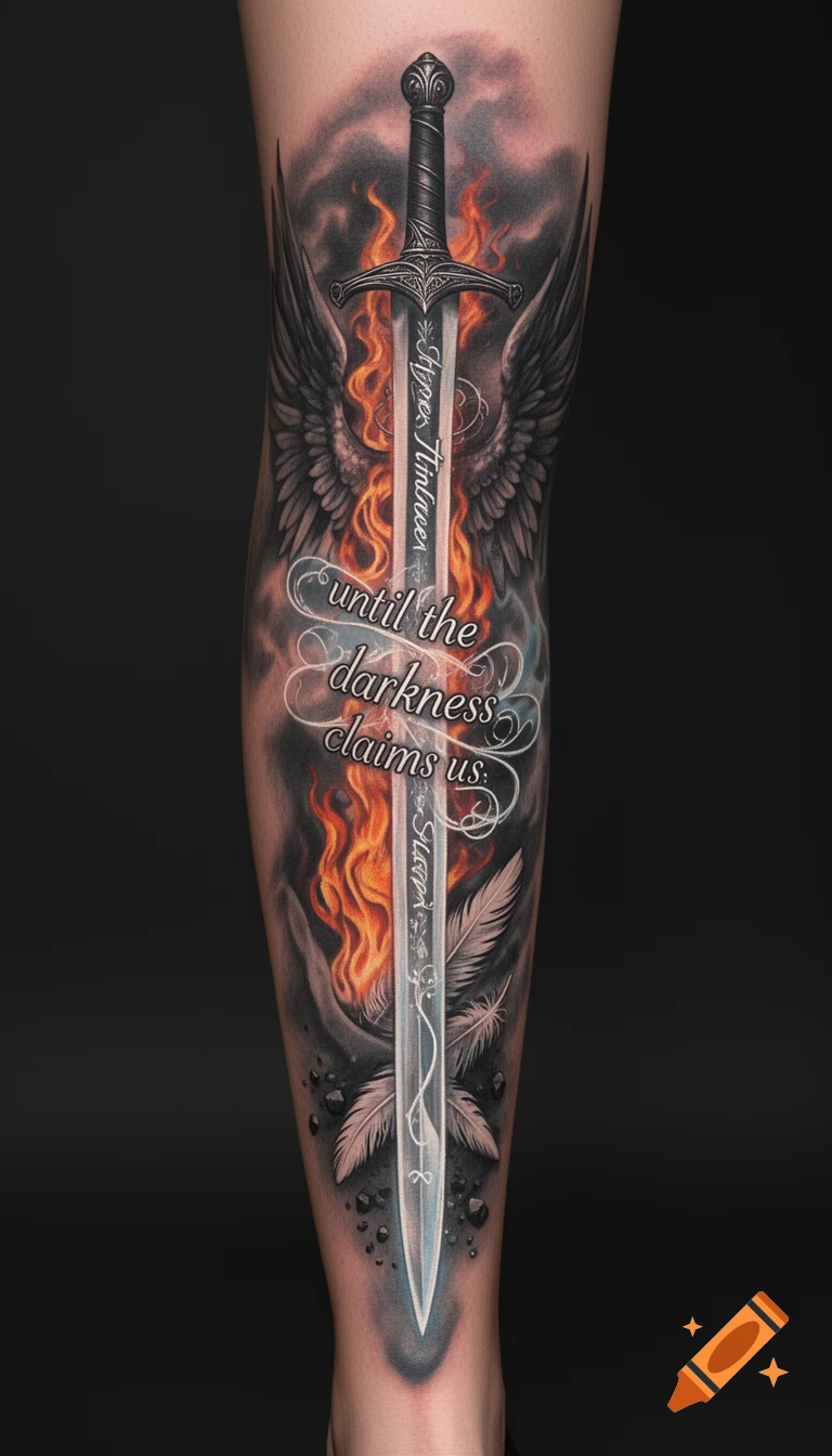 Realistic leg tattoo featuring a sword engulfed in flames with dark wings, feathers, and the text "until the darkness claims us" on a scroll.