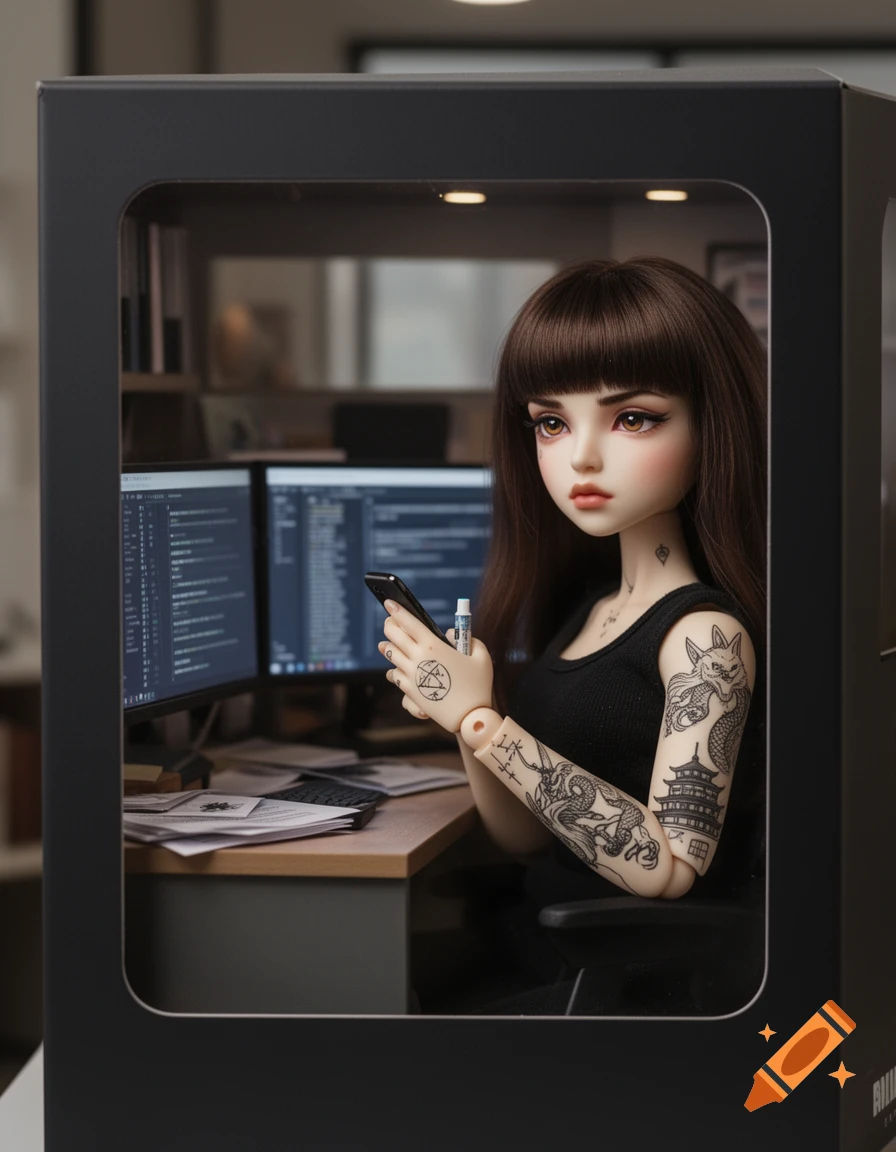 A realistic ball-jointed doll with dark hair and tattoos, sitting at an office desk with two computer monitors, holding a smartphone and a vape pen, displayed in a toy box.