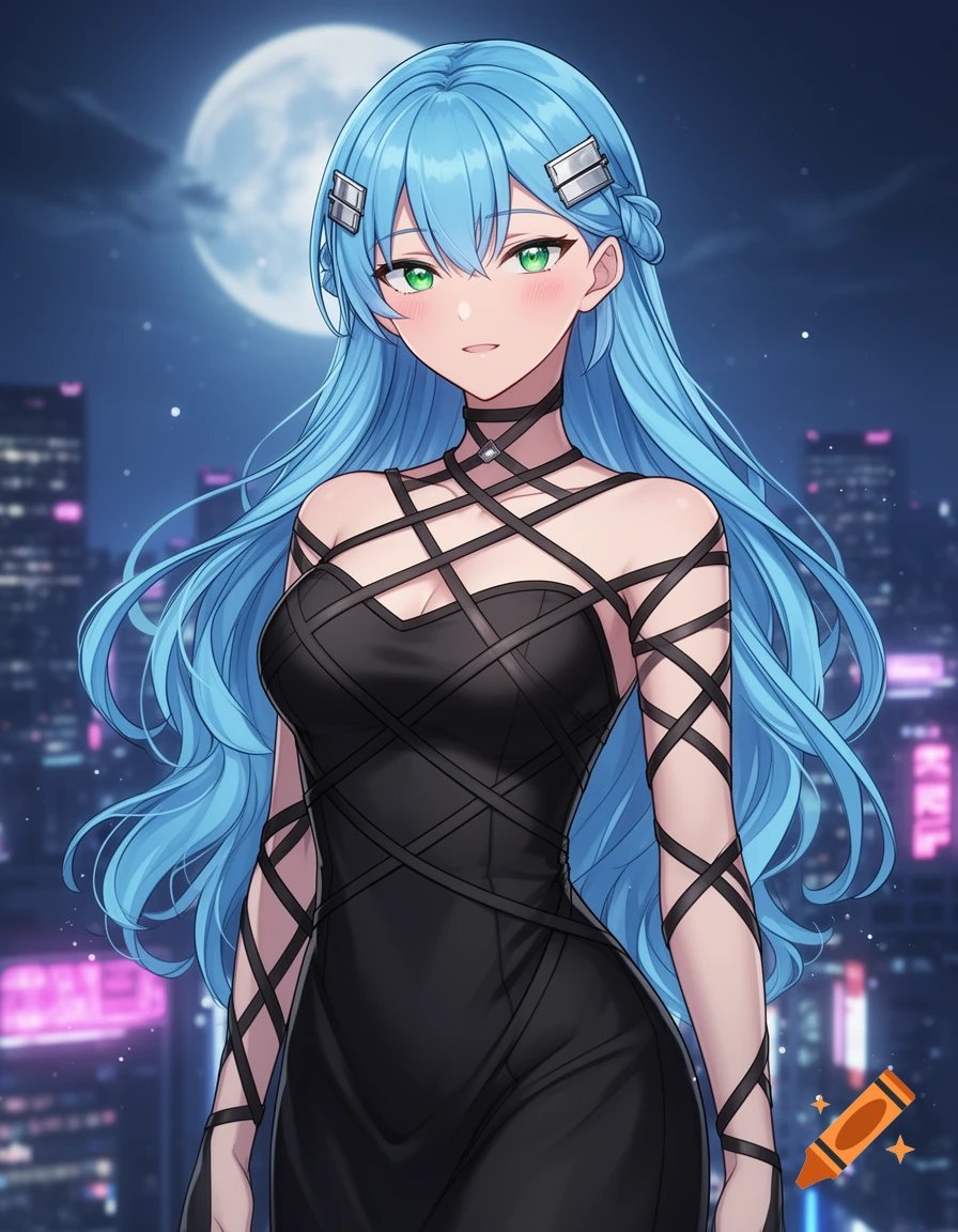 Anime girl with long blue hair and green eyes, wearing a black strappy dress, standing in a city at night under a full moon.