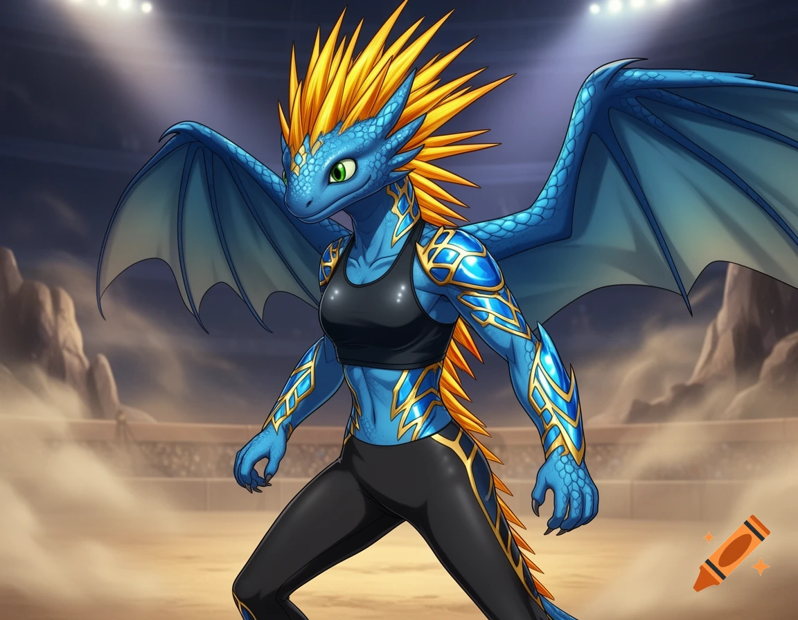 A blue anthropomorphic dragon with yellow spiky hair and wings, wearing a black sports bra and leggings, stands in an arena.