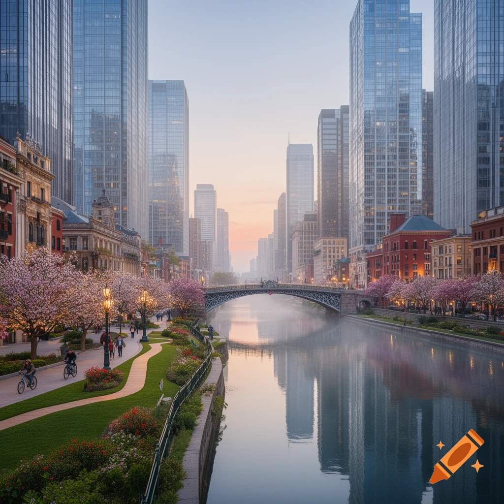 Photorealistic cityscape at sunset with modern skyscrapers, a river, and an arched bridge. Cherry blossoms line the path with people.