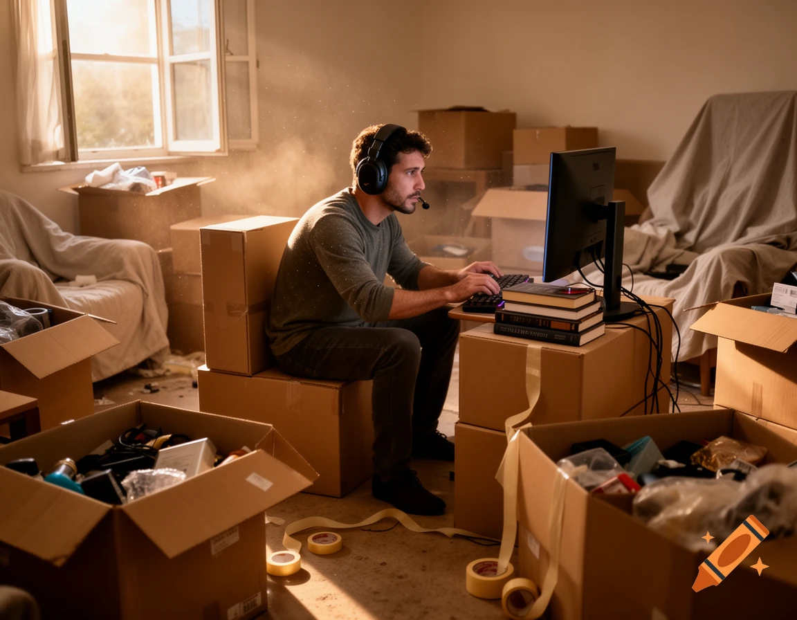 A man wearing headphones plays computer games at a makeshift desk of moving boxes in a dusty, sunlit room filled with unpacked boxes.