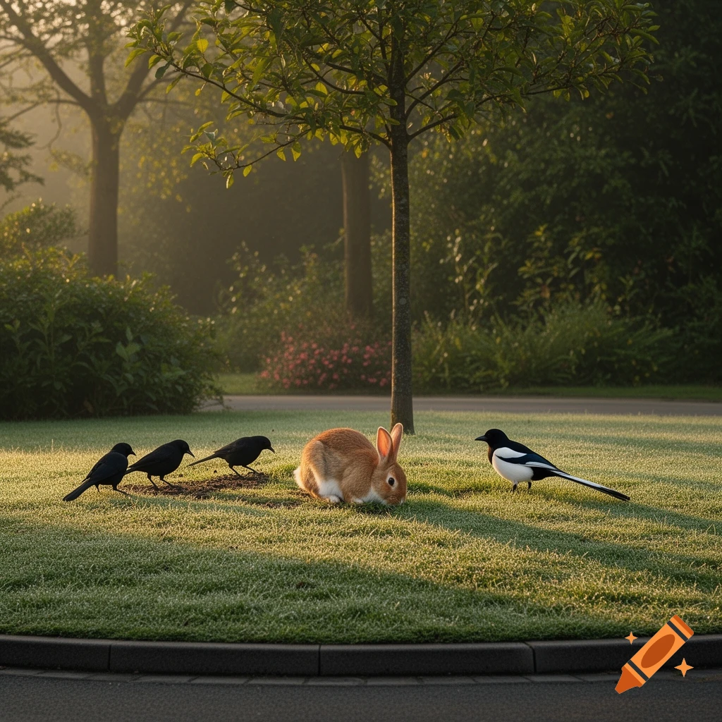 A photorealistic image of a brown rabbit grazing on dew-covered grass, surrounded by three blackbirds and a magpie, in a sunny park at dawn.