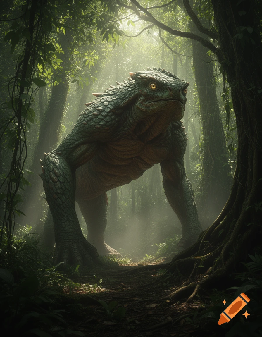 A formidable green scaly monster with glowing eyes stands on a path in a misty, sunlit jungle.