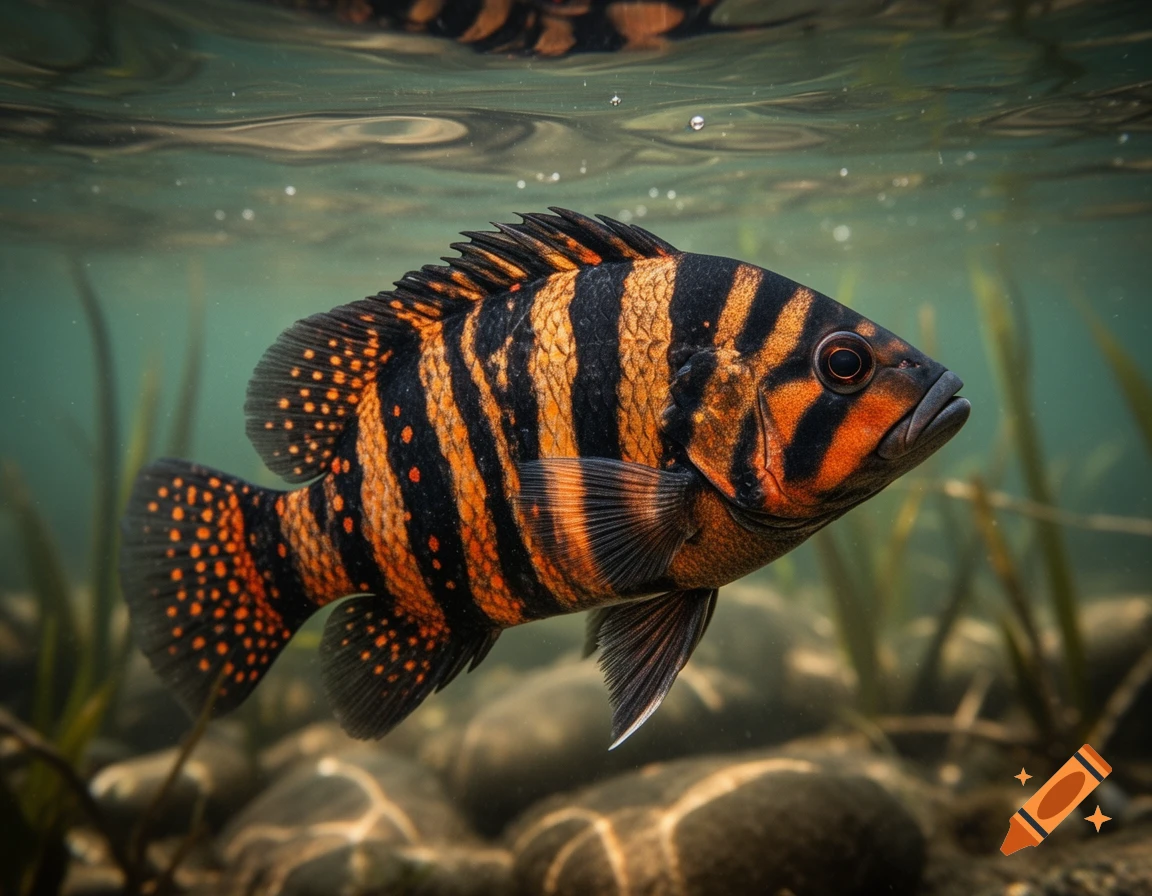 A vibrant orange and black striped fish with spotted fins swims in clear underwater, with plants and rocks visible below.