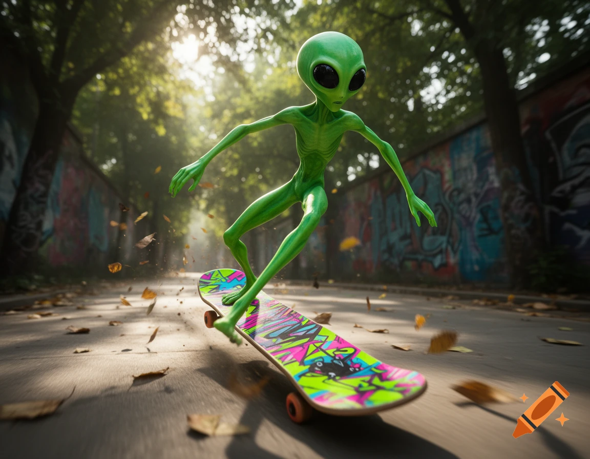 A green alien with large black eyes skateboards down a tree-lined street with graffiti walls and falling leaves, motion blur.