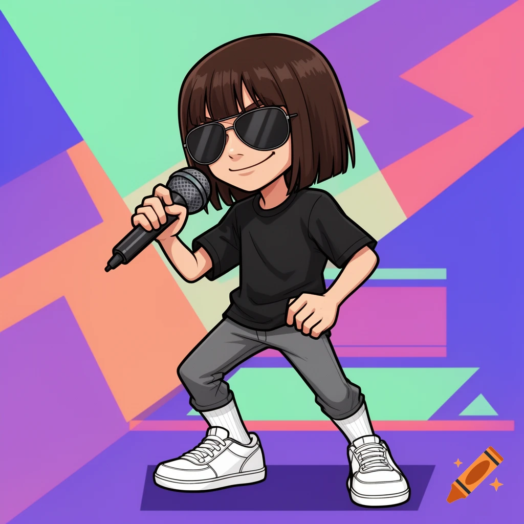 A cartoon boy with short brown hair and sunglasses, wearing a black t-shirt and gray pants, strikes a dynamic pose while holding a microphone against a vibrant geometric background.