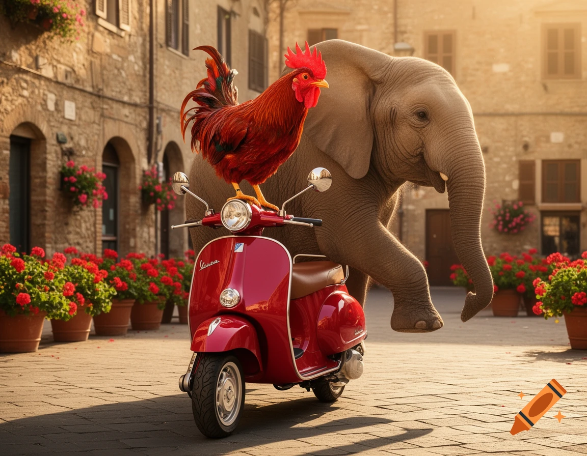 A red rooster stands on a red Vespa scooter with an elephant behind it on a sunny cobblestone street in a European town, surrounded by flower pots.