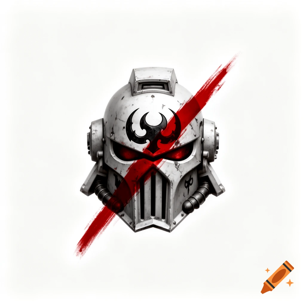 A weathered white Chaos Space Marine helmet with red eyes and a black symbol, crossed out by a red brushstroke on a white background.