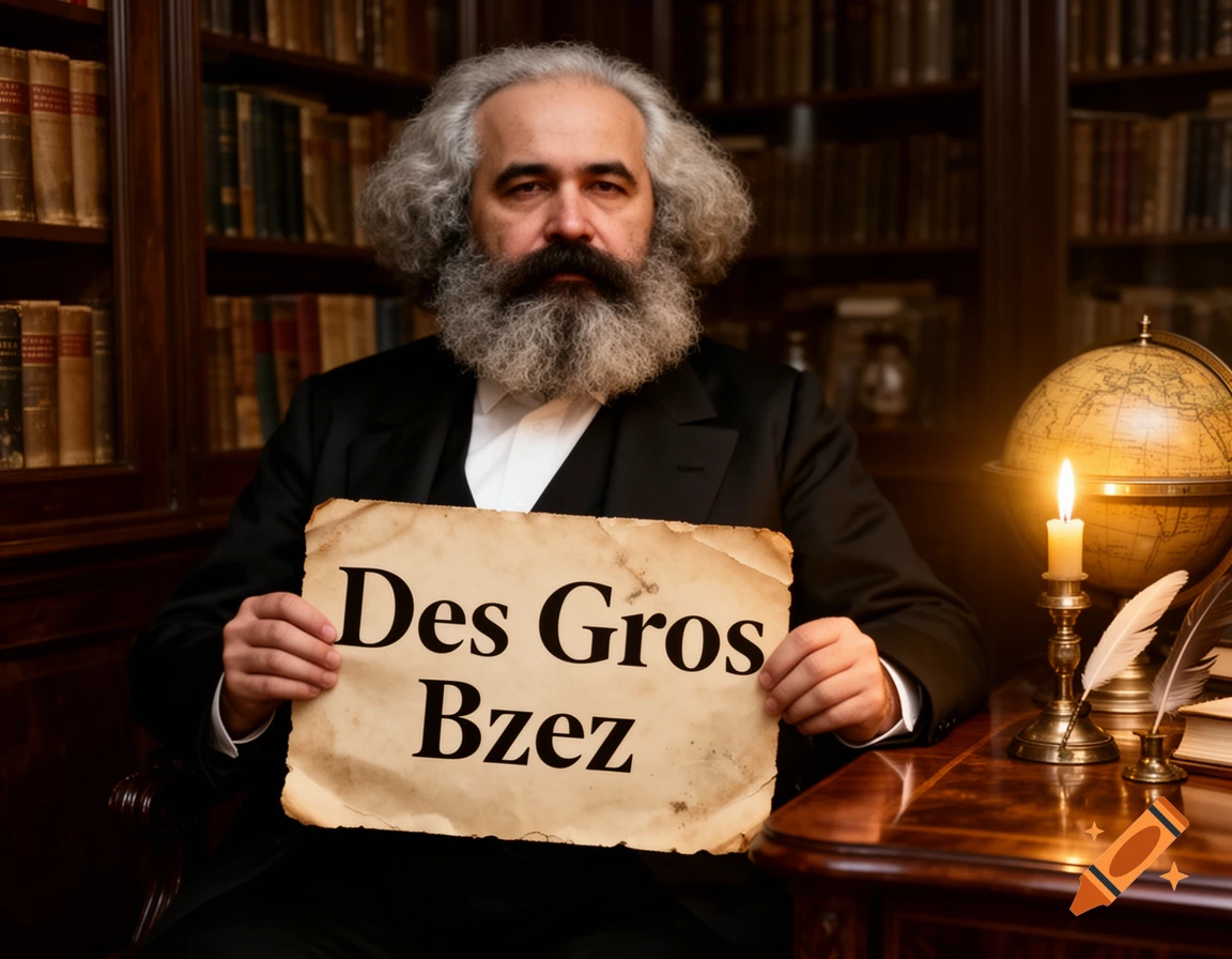 A serious-looking Karl Marx, with a large white beard, sits in a library, holding a crumpled paper sign that reads "Des Gros Bzez".