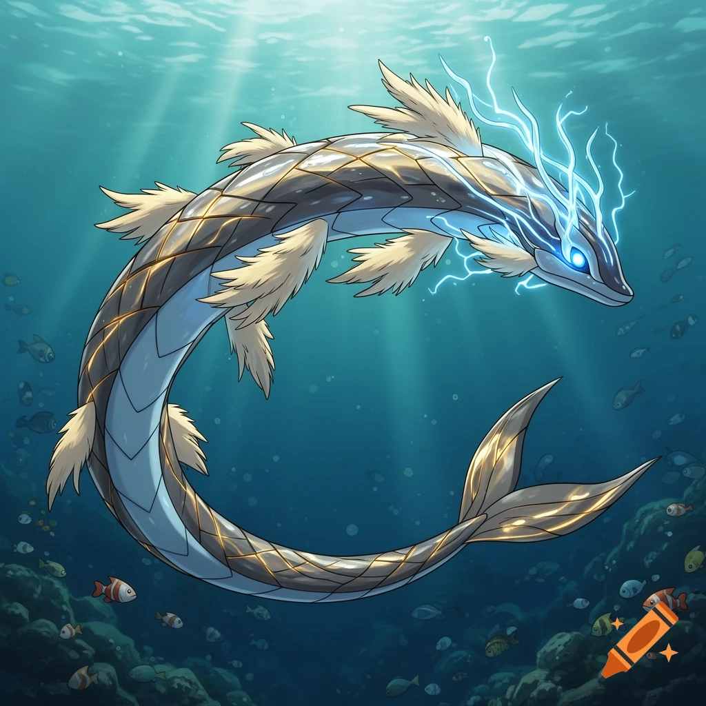 A majestic electric eel-like creature with golden patterned scales and feathery fins swims in a sunlit ocean, surrounded by small fish.