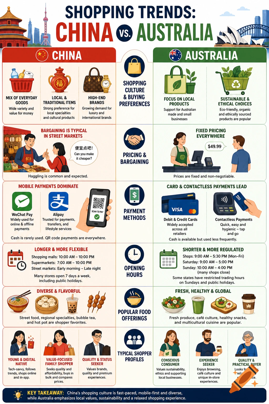 An infographic titled 'Shopping Trends: China vs. Australia' comparing shopping habits, payment methods, opening hours, food, and shopper profiles in both countries.