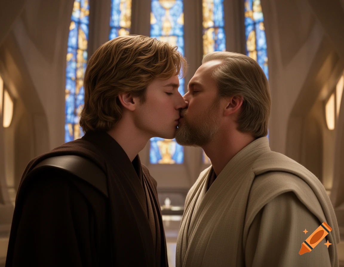 Anakin Skywalker and Obi-Wan Kenobi share a kiss in a grand hall with blue stained glass windows.