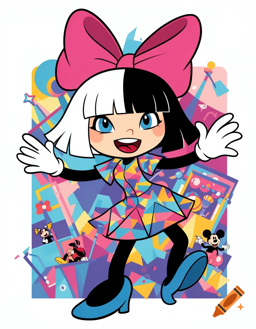 A cartoon of pop star Sia with split black and white hair, a pink bow, and a geometric dress, in a vibrant 2D vector art style.
