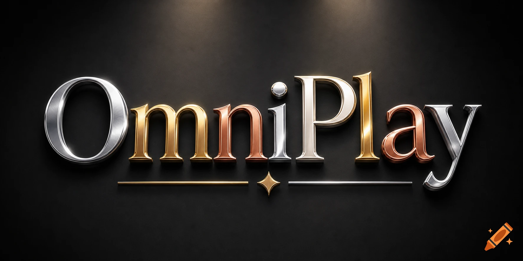 A logo featuring the word "OmniPlay" in elegant 3D metallic letters of silver, gold, and copper on a dark background, with decorative lines.