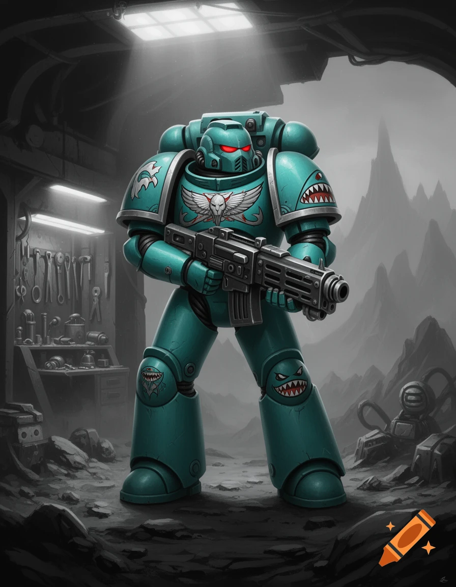 A teal space marine in power armor with red eyes and shark insignia stands holding a rifle in a dark workshop.