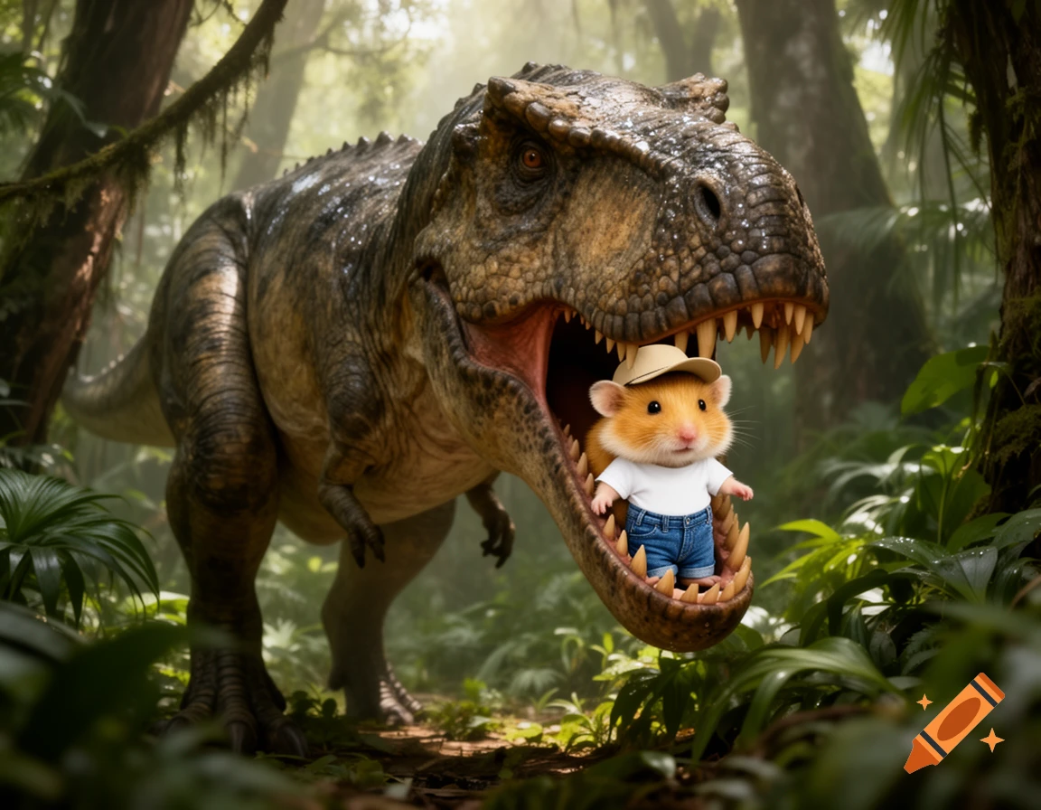 A tiny hamster wearing a cap, white t-shirt, and blue jeans stands in the open mouth of a large T-Rex in a lush jungle.