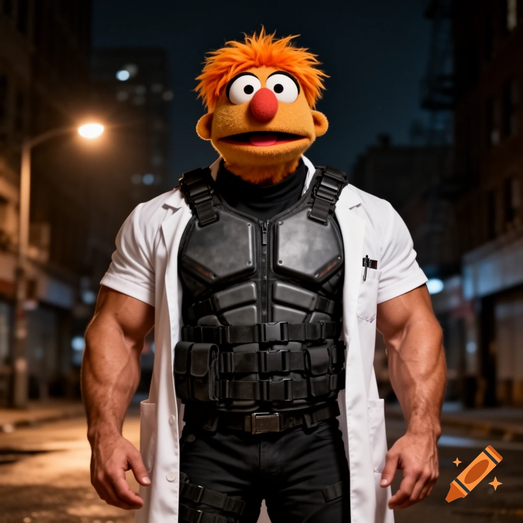 Photorealistic Beeker from The Muppets wearing tactical gear and a white lab coat on a dark city street.