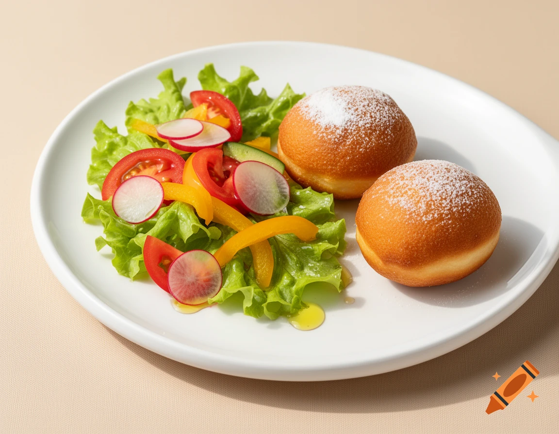 A white plate with a fresh green salad of lettuce, tomatoes, radishes, and yellow bell peppers next to two sugar-dusted donuts.