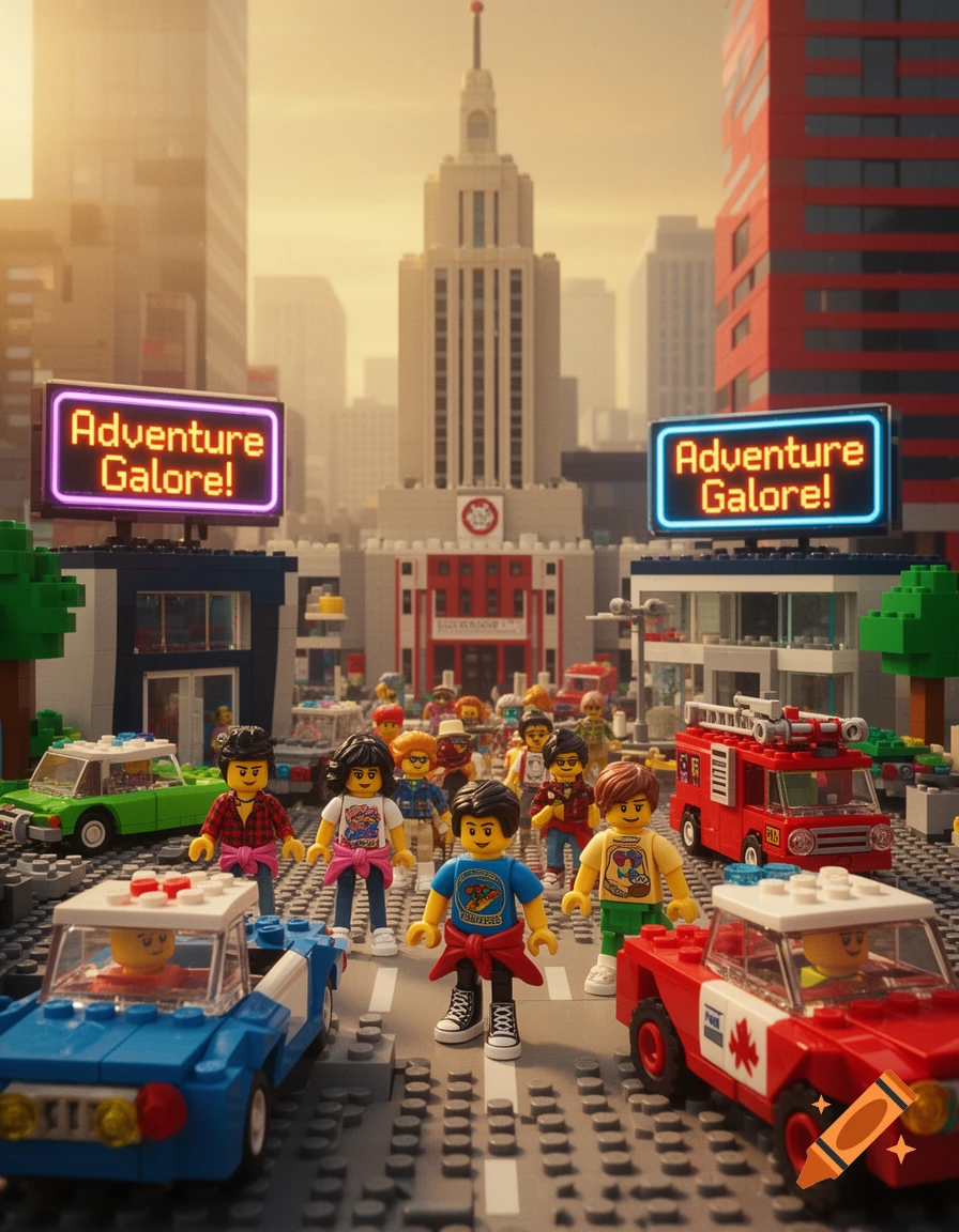 A bustling Lego city street scene featuring diverse minifigures, cars like a police car and fire truck, and buildings under a bright sky, with signs reading "Adventure Galore!".