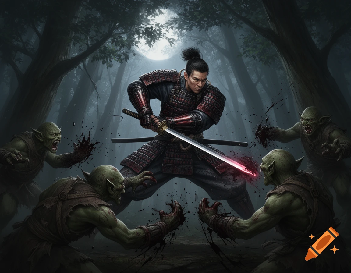 A samurai warrior in red armor battles green goblins with a glowing katana in a dark, misty forest under a full moon.