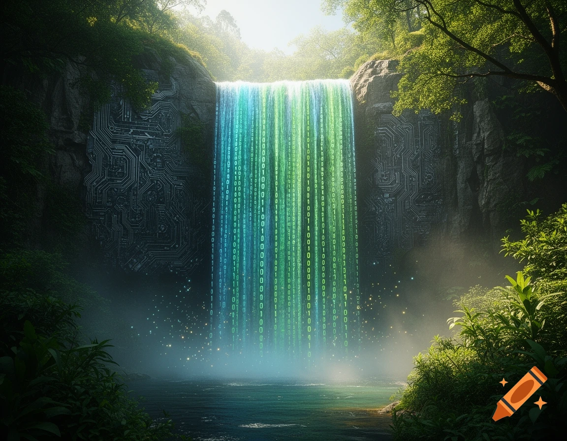 A majestic waterfall made of glowing green and blue binary code cascades into a pool, with circuit board patterns on the rock cliffs in a lush forest.