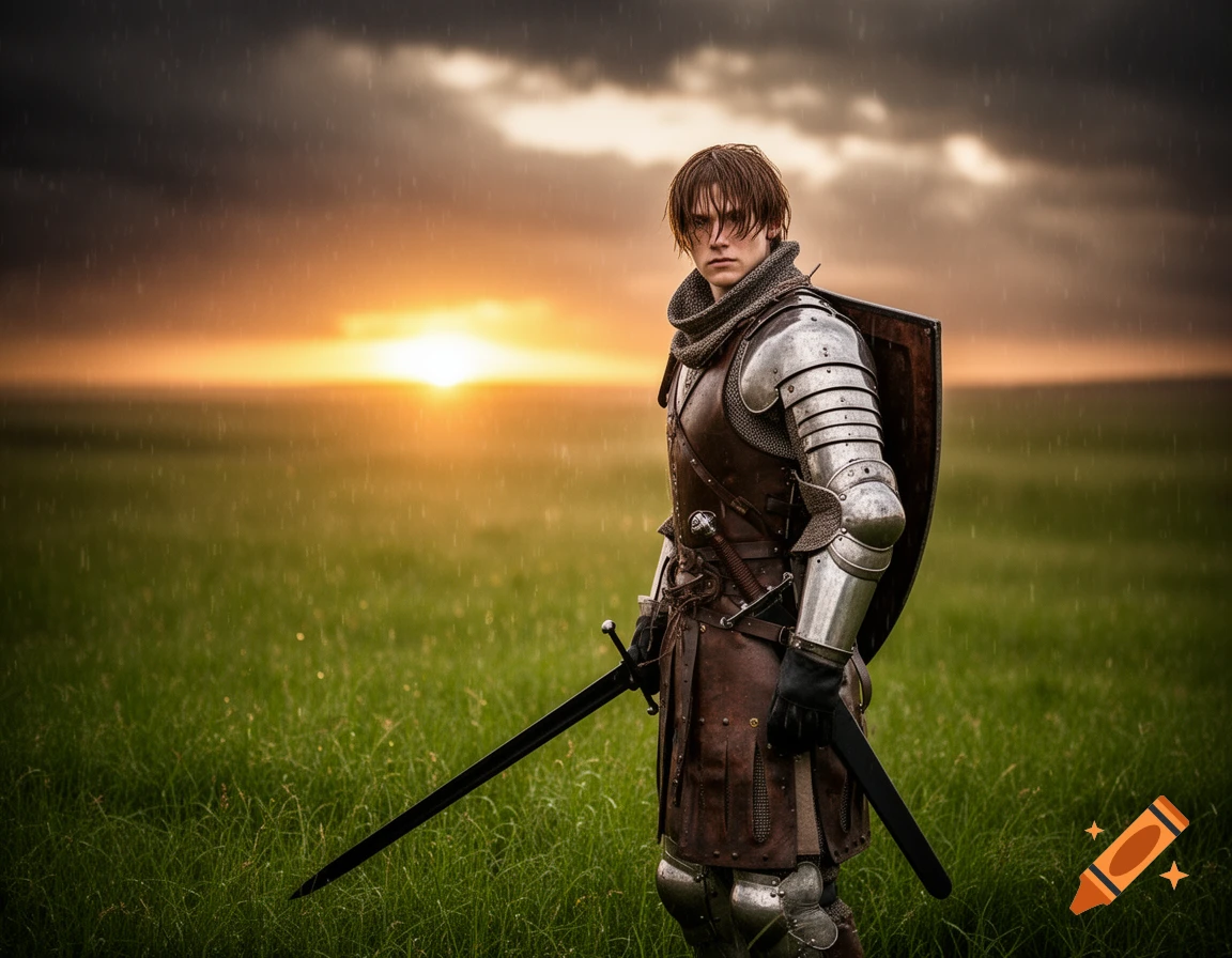 Photorealistic image of a knight in leather and metal armor, brown hair, standing in a rainy grassy field during sunset.