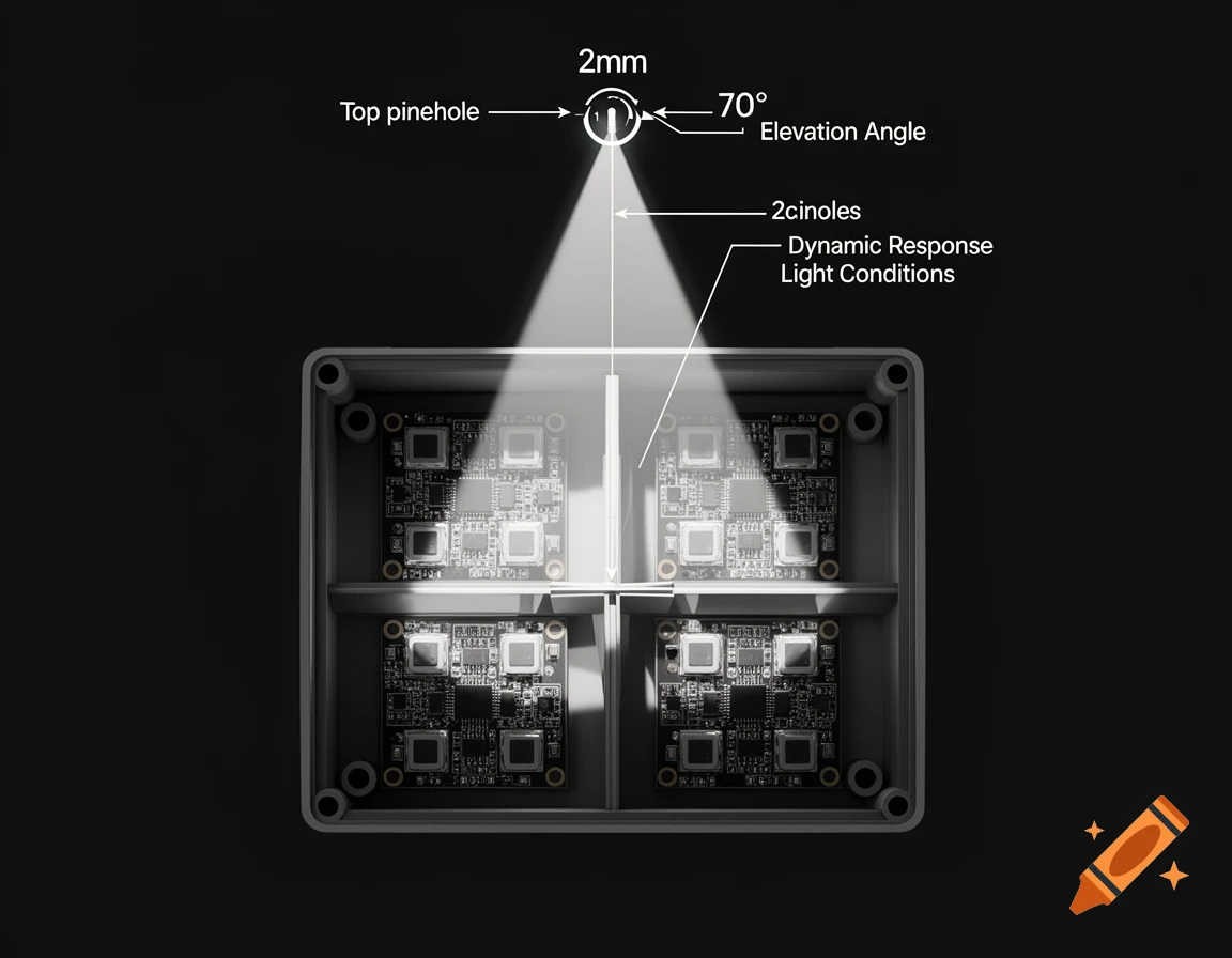 A technical cross-section diagram of a solar sensor box with a light beam entering through a top pinhole, illuminating two PCB sensors while two others are in shadow.