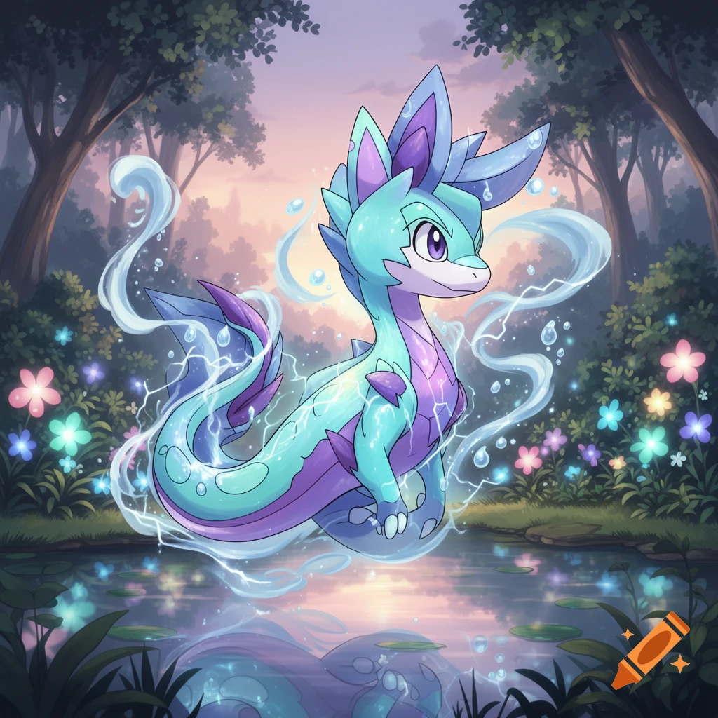 A cute, stylized turquoise and purple dragon-like creature with water powers floats over a pond in a magical forest.