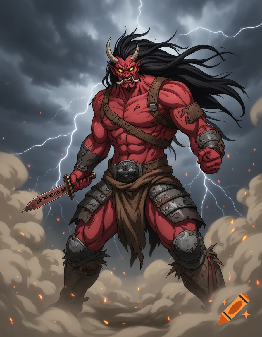 A muscular, red-skinned oni warrior with horns and long black hair holds a dagger, standing in dust under a stormy sky with lightning, in anime style.