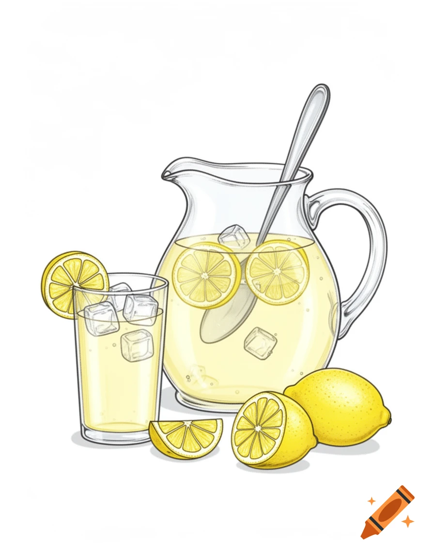 A hand-drawn, clipart-style illustration featuring a glass pitcher of lemonade with lemon slices and ice, a full glass of lemonade, and several whole and cut lemons.